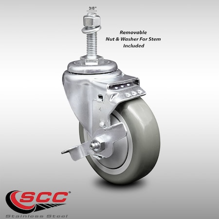 Service Caster 4 Inch SS Gray Polyurethane Swivel 3/8 Inch Threaded Stem Caster with Brake SCC SCC-SSTS20S414-PPUB-TLB-381615